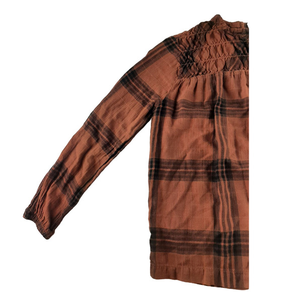 Cloth & Stone Anthropologie Women's Orange Black Plaid Smocked Flannel Top S - Picture 2 of 9